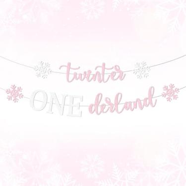 Imagem de Twinter Banner ONEderland, meninas gêmeas decorações de festa de primeiro aniversário de inverno tema floco de neve decoração de festa de primeiro aniversário rosa inverno ONEderland suprimentos de