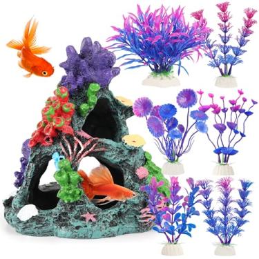 Imagem de MyLifeUNIT Plantas de aquário de peixes, conjunto de 7 peças de recifes de corais coloridos, decoração de tanque de peixes, ornamento de caverna de montanha para betta, peixe dourado, camarão, réptil