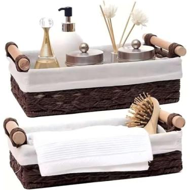 Imagem de Cesta de armazenamento para vaso sanitário Cesta de vime para organizar bancadas, caixa de armazenamento de papel higiênico, conjunto de 2 peças (cor café)
