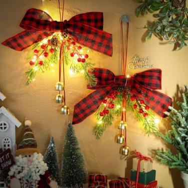 Imagem de Knitgrip 2 peças de decoração de laços de Natal de 38 cm com sinos grande enfeite de árvore de Natal pingente de guirlanda de Natal com bagas de cipreste de pinha para decoração de festa de árvore