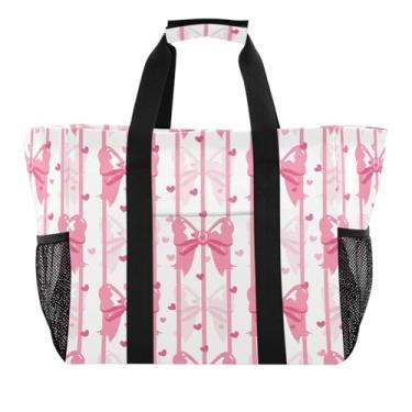 Imagem de Wassud Tulipas laços e corações (2) sacolas de compras reutilizáveis grande bolsa organizadora de lona impermeável para praia, piquenique, lavanderia, viagem