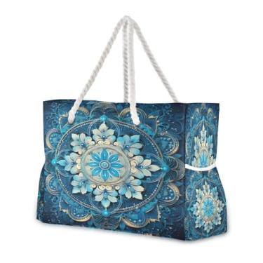 Imagem de Wassud Bolsa de praia azul mandala grande bolsa de praia para mulheres, impermeável, à prova de areia, bolsa de viagem com zíper e bolso para piscina academia acampamento