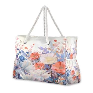 Imagem de Wassud Bolsa de praia grande floral de verão para mulheres, impermeável, à prova de areia, bolsa de viagem com zíper e bolso para piscina, academia, acampamento