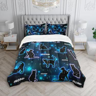 Imagem de XYNHML Jogo de cama Kawaii com estampa de gato de estimação, 3 peças, linha gradiente, para crianças, adolescentes, meninas, gatos, glitter, bolinhas, decoração de cama com 1 edredom e 2 fronhas
