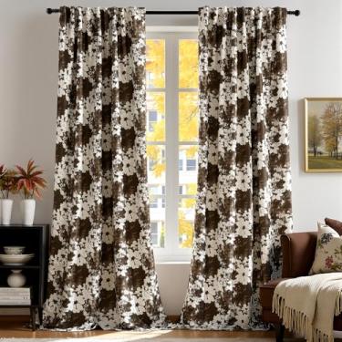 Imagem de Cortinas florais marrons 100% blackout para sala de estar, conjunto de 2 painéis, 203 cm de espessura, vintage, flor de chenille, cortinas de janela escurecimento de quarto, cortinas de quarto com