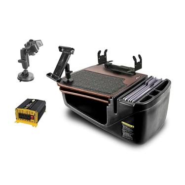 Imagem de AutoExec Mesa de carro GripMaster para sua estação de trabalho de veículo e escritório móvel, mogno, com inversor de potência de 400 watts, suporte para tablet, suporte de impressora e suporte de