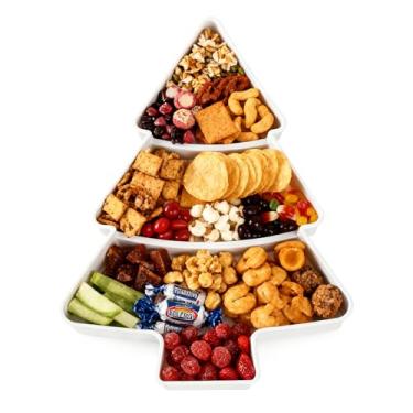 Imagem de Bandeja de servir em forma de árvore de Natal, bandeja de plástico para servir para árvore de Natal, 3 compartimentos, pratos reutilizáveis para lanches de férias, aperitivo de frutas, doces