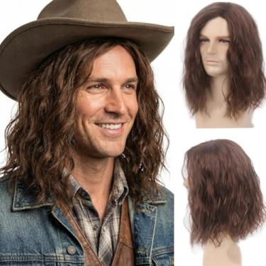 Imagem de MEDISIFA Peruca Masculina Longa E Ondulada, Marrom, Cacheada, Para Homens, Hippie, Anos 60 70, Festa, Cosplay, Anime, Comprimento Dos Ombros