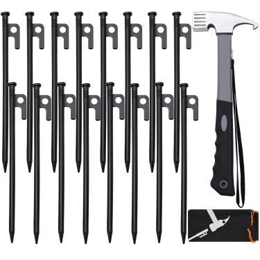Imagem de Conjunto de estacas e martelo, 16 peças de estacas de aço forjado de 30,5 cm + martelo de acampamento resistente de 30,5 cm + bolsa de armazenamento, disponível em Rocky Place, sobremesa, campo de neve e pastagem
