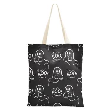 Imagem de JUZIHAI Sacola de lona de Halloween, bolsa temática reutilizável Halloween Boo com bolso interno, bolsa de viagem para festa de compras de grande capacidade