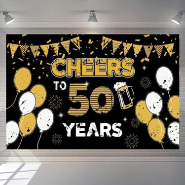 Imagem de Decorações de festa de ouro preto de 50 anos, faixa Cheers to 50 Years para artigos de festa de aniversário de 50 anos, tecido grande, pano de fundo fotográfico de 50 anos