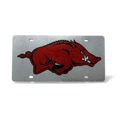 Imagem de Rico Industries Placa de etiqueta automática NCAA Arkansas Razorbacks Bling corte a laser, 30 x 15 cm, prata