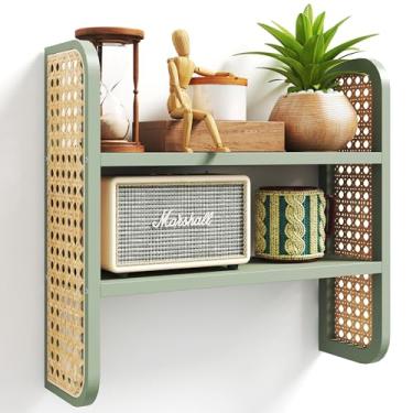 Imagem de LUPWNEKA Prateleira de vime de 2 camadas, estante de vime verde montada na parede, prateleira de exibição tecida feita à mão, prateleiras decorativas boho para entrada, berçário, cozinha, sala de