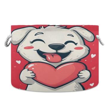 Imagem de Wassud Cesto de armazenamento de coração fofo de desenho animado com alças cesto de roupa redonda de armazenamento de lona cobertor de armazenamento para berçário 51 x 50 x 35 cm