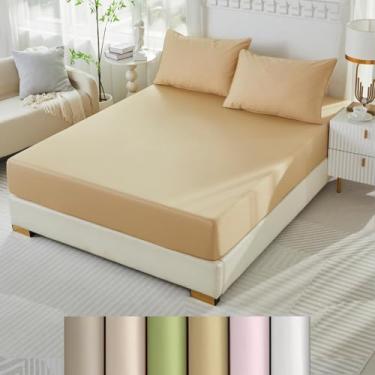 Imagem de Lençol com elástico Camel Queen apenas com 2 fronhas, 1000 fios, bolso profundo de 45,7 cm, grau hoteleiro, lençol com elástico individual (camelo, tamanho Queen)