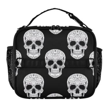 Imagem de Joisal Lancheira preta com caveiras brancas para mulheres, meninas, lancheira, personalizada, infantil, masculina, lancheira para trabalho, bolsa térmica para meninos