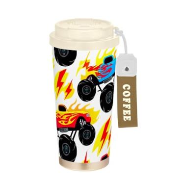 Imagem de TSENQUE Copo de café de viagem 473 ml com canudo e tampa, caneca de café de aço inoxidável à prova de vazamento para escritório, escola, festa, acampamento, caminhões monstro de desenho animado