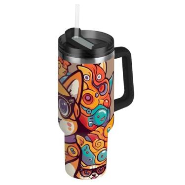 Imagem de Joisal Cute Corgi Dog Copos de Halloween com tampas e canudo Copo térmico de 1,134 g com alça Garrafas de água isoladas de aço inoxidável carros xícara de café bebida quente