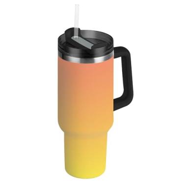 Imagem de Joisal Copo gradiente amarelo lua rosa coral com tampa e canudos copo à prova de derramamento com alça garrafa de água isolada de 1,134 g caneca de café quente de aço inoxidável para carros