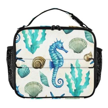 Imagem de Joisal Lancheira vintage azul com concha de cavalo-marinho para meninas, mulheres, lancheira para crianças, homens, lancheira para trabalho, bolsa térmica portátil com alça de ombro ajustável