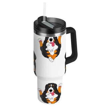 Imagem de Joisal Copos de aço inoxidável com tampa e canudo Bernese Mountain Dogs Caneca de café de carros fofos copo grande com alça Garrafas de água isoladas de 1,134 g