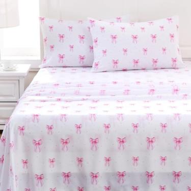 Imagem de MICORAL Jogo de lençol infantil solteiro com laço rosa, 3 peças de lençol para meninos e meninas, lençóis de microfibra com estampa macia, conjunto de cama infantil aconchegante, laço rosa