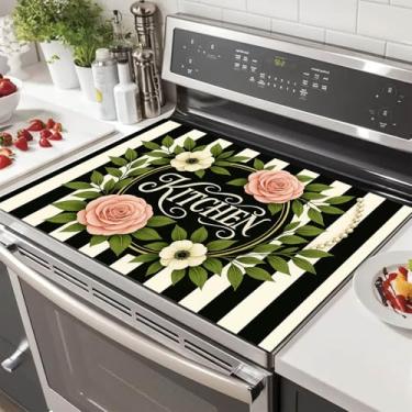 Imagem de HOMETITUTE Capas superiores de fogão listrado preto e branco para fogão elétrico 71 x 50 cm protetor de fogão de vidro resistente ao calor capa decorativa de fogão tapete de bancada de cozinha