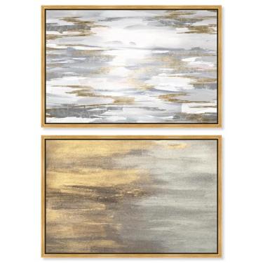 Imagem de Conjunto de 2 arte de parede de sala de estar com impressão em tela abstratos de luxo neutro por Art Remedy, moldura dourada, 38 x 25 cm