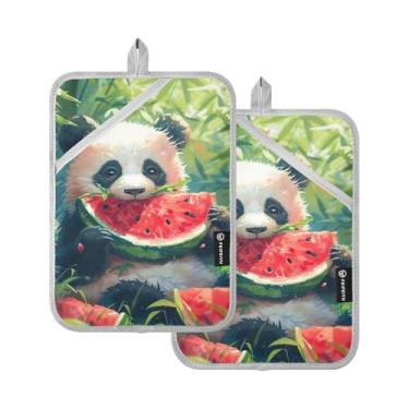 Imagem de Conjunto de 2 suportes de panela para forno de melancia fofo panda e melancia, capas de alça quadrada para panelas e frigideiras para cozinha e luvas de forno