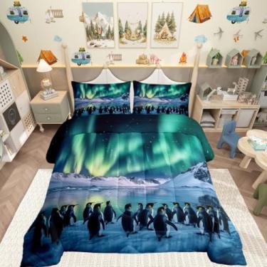 Imagem de Manfei Jogo de cama com pinguins fofos para crianças, aurora, galáxia estrelada, neve, montanha, paisagem, decoração de casa, edredom queen de poliéster macio, tamanho Queen, 3 peças, edredom