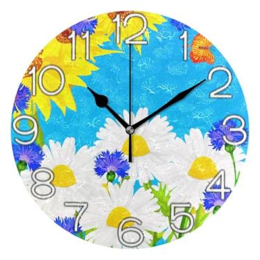 Imagem de GAIGEO Relógio de parede analógico com margarida, girassol, borboleta, decorativo, quarto, cozinha, silencioso, decoração de parede vintage, sala de estar, 25 cm, ponteiros dourados