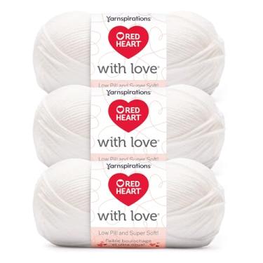 Imagem de Red Heart With Love Low Pill Fio branco – Pacote com 3 unidades de 100 g – 100% acrílico de baixa gramatura – #4 penteado (médio) – 170 metros – Tricô/crochê