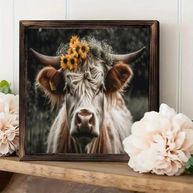Imagem de Placa de parede emoldurada vintage rústica - vaca usando coroa de girassol decoração de mesa 20 x 20 cm - presentes para fazenda, cafés, lojas, quarto, banheiro, casa e escritório