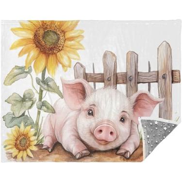 Imagem de Cobertores macios personalizados de porco e girassol, cobertores grossos de sherpa para o inverno cobertor fofo rosa 178 x 139 cm