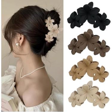 Imagem de 4 peças de grampos de cabelo de flores foscas antiderrapantes para mulheres, grampos de cabelo grandes Plumeria com fixação forte, lindos acessórios de cabelo de flores havaianas para meninas, cores