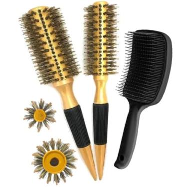 Imagem de Conjunto de 2 escovas profissionais para cabelo com cerdas de javali, escova rosa para salão de beleza e uso pessoal (ESCDRJK1016/RAQUE)