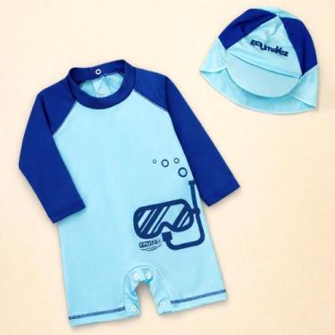 Imagem de Kit Proteção UV50+ para Bebê com Macacão e Chapéu de Sol Cor:AzulCLTam