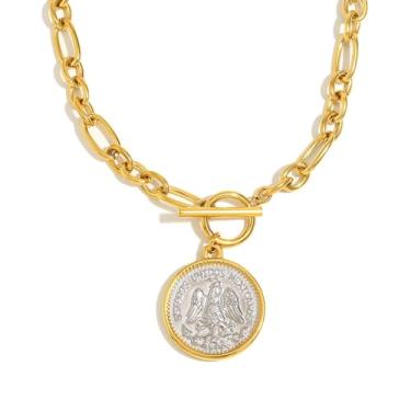 Imagem de Liiusgelad Colar feminino de moeda de anjo de ouro grosso, banhado a ouro 18 k, corrente de elos grossos, pingente de joia para presente, Medium, Aço inoxidável, Sem Pedra Preciosa