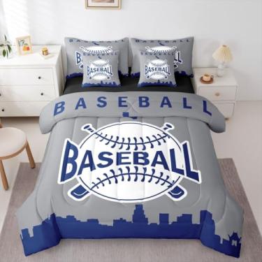 Imagem de Jogo de cama casal de beisebol para meninos, 7 peças, conjunto de edredom de cidade de beisebol com lençóis, jogos esportivos, silhueta urbana, para crianças, adolescentes e adultos, azul marinho e