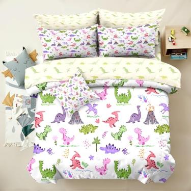 Imagem de Yadangxiawa Jogo de cama solteiro de dinossauro, 6 peças, para adolescentes, com 1 colcha + 1 lençol de cima + 1 lençol com elástico + 2 fronhas + 1 capa de almofada (solteiro C-dinossauro)