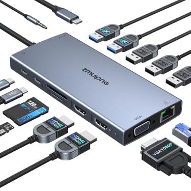 Imagem de ZMUIPNG Estação de ancoragem USB C, monitor duplo, 15 em 1, estação de ancoragem para laptop, tela tripla, hub USB C, dongle com adaptador múltiplo HDMI 4K + VGA + porta USB + botão + PD+Ethernet para