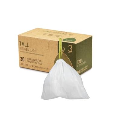 Imagem de Delletir Sacos de lixo 30 unidades, sacos de lixo com cordão branco | Resistente a vazamentos, resistente a rasgos, sem cheiro | Para banheiro, escritório, caixotes de quarto (23,6 × 27,6 cm)