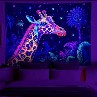 Imagem de NYZE Tapeçaria de luz negra que brilha no escuro, pôster legal, paisagem, fácil de pendurar, decoração de parede para sala de estar, dormitório, casa (girafa, 150 x 129 cm)