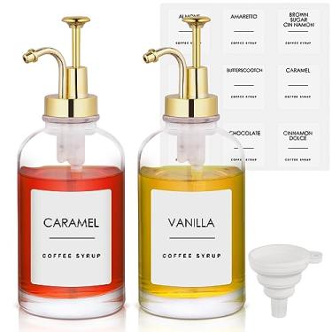 Imagem de Pacote com 2 dispensadores de xarope de café de 500 ml para cafeteria, dispensador de bomba de café, frascos de xarope de vidro transparente com bomba e 36 etiquetas, acessórios de café para canela,