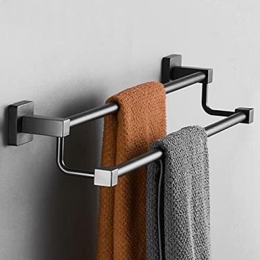Imagem de Toalheiro duplo vintage de aço inoxidável para banheiro, suporte de varão de metal industrial preto trilho quadrado montado na parede para quarto, cozinha