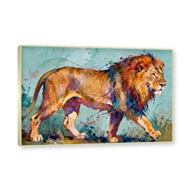 Imagem de NHLDZYH Moldura dourada. Pintura de leão colorida, impressão de arte abstrata vibrante, decoração de parede de animais selvagens e enérgicos, tela contemporânea moderna para quarto, academia, quarto