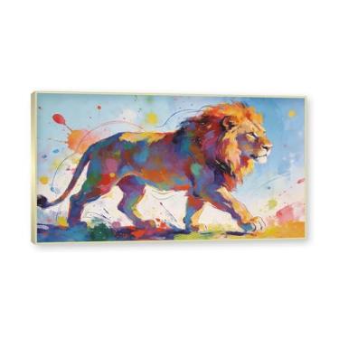 Imagem de NHLDZYH Moldura dourada. Quadro abstrato de leão - arte moderna com salpicos de cor vibrante - arte de parede energética para casa, escritório ou negócios - tela decorativa. A105. 50 x 90 cm.