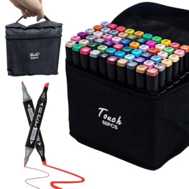 Imagem de Kit 60 Cores Canetinhas Marcadores Touch Ponta Dupla + Estojo de Transporte - Canetas Permanentes Profissionais para Colorir e Ilustração Artístico e Escolar Marcador Premium Duas Pontas Coloridas