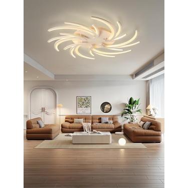 Imagem de Luminária de teto LED branca moderna com intensidade regulável, controle remoto e função de memória. Ideal para sala de estar, quarto, cozinha e sala de jantar. Possui estrutura em metal laq