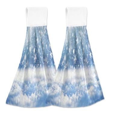 Imagem de Blueangle 2 pçs flocos de neve caindo toalhas de gravata penduradas toalha de mão toalha de mão absorvente macio coral veludo pano para cozinha banheiro (602)
